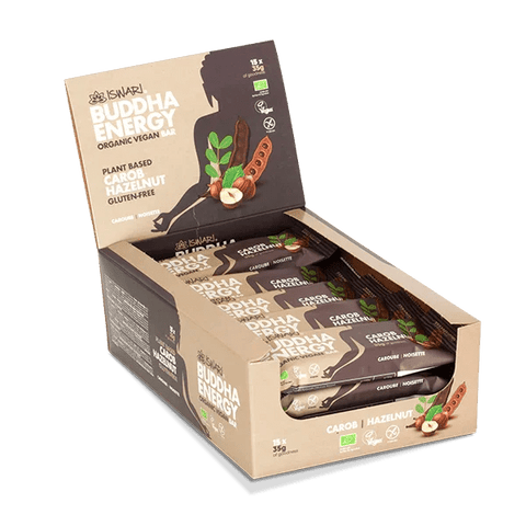 Displayverpakking Buddha Energy Carobe & Hazelnoten – biologische vegan energierepen