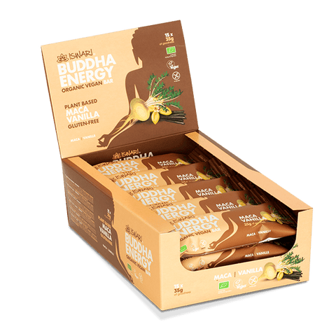 Close-up van de Buddha Energy Reep Maca & Vanille verpakking