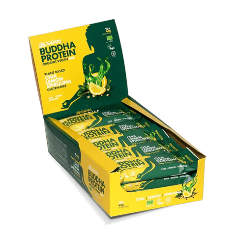 Displayverpakking Buddha Protein Chia & Spirulina – glutenvrije proteïnerepen voor sporters