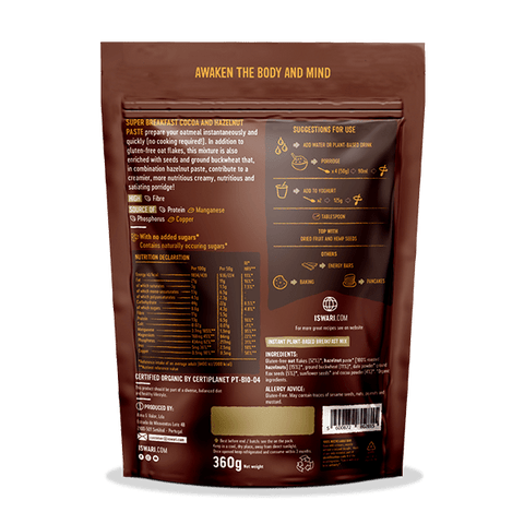 Achterkant verpakking Super Ontbijt Cacao & Hazelnoten (360g)